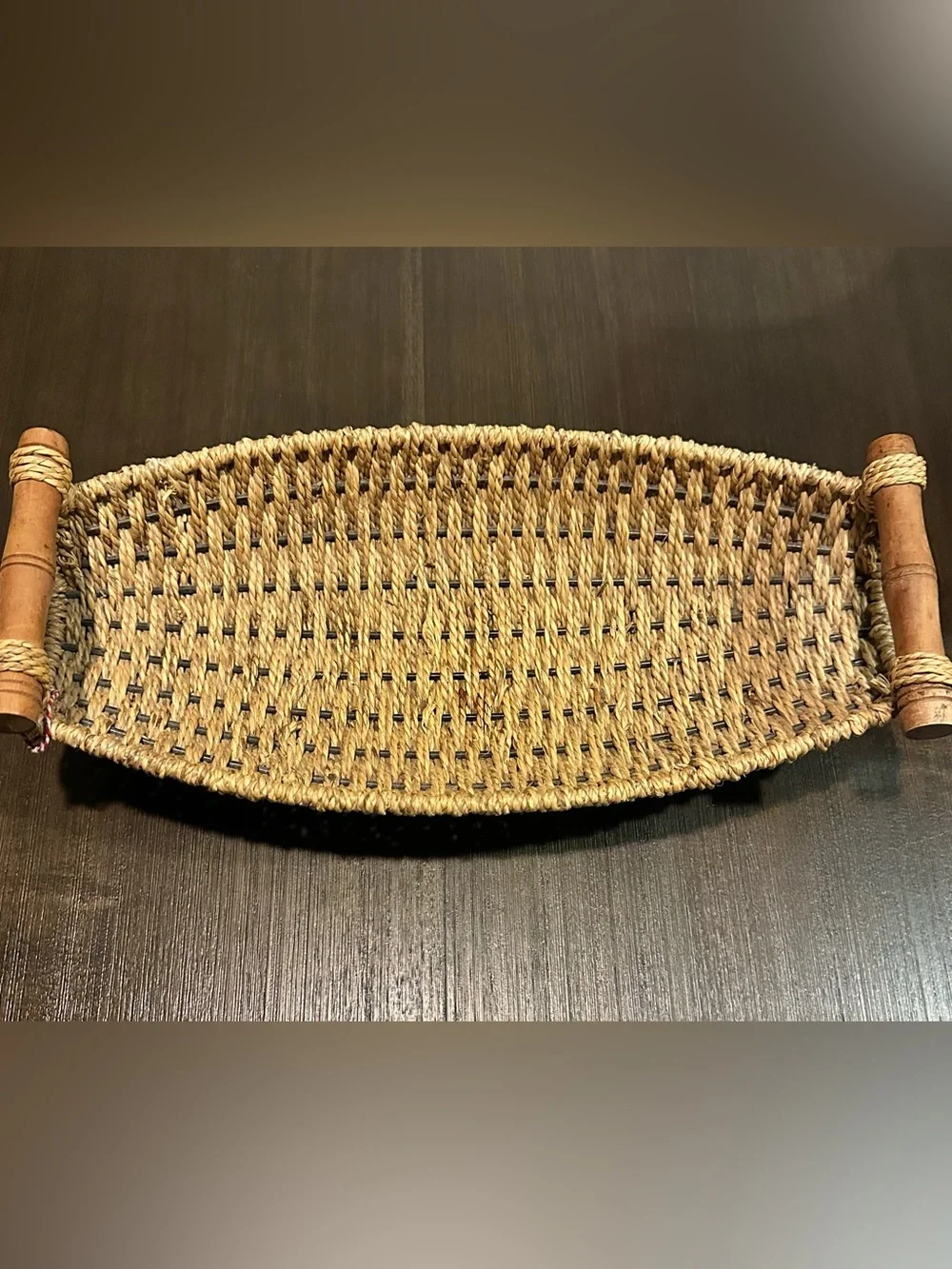 Vintage BURLINGTON BASKET CO Woven Gondola Boat Tray Wood Handles